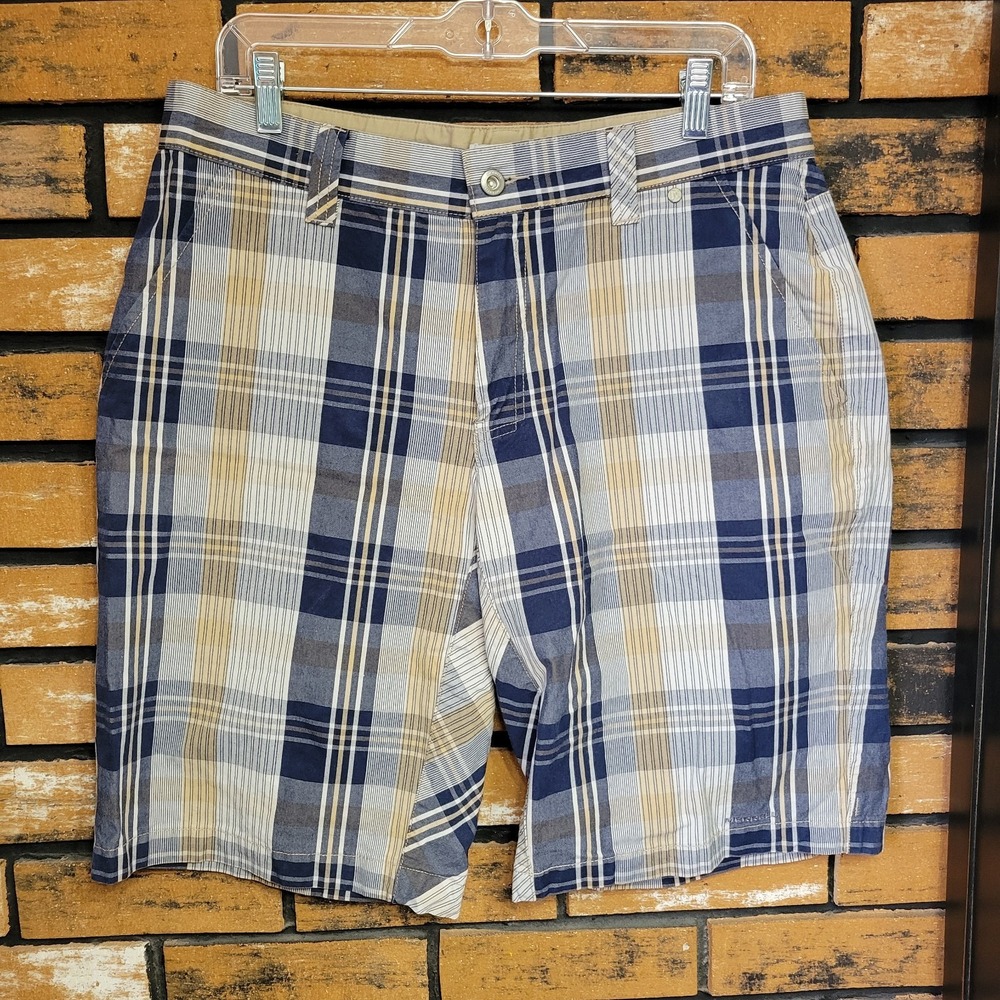 Merrell Shorts Mens 40 Blue Khaki‎ White Plaid Cotton Hiking Flat Front Pocket